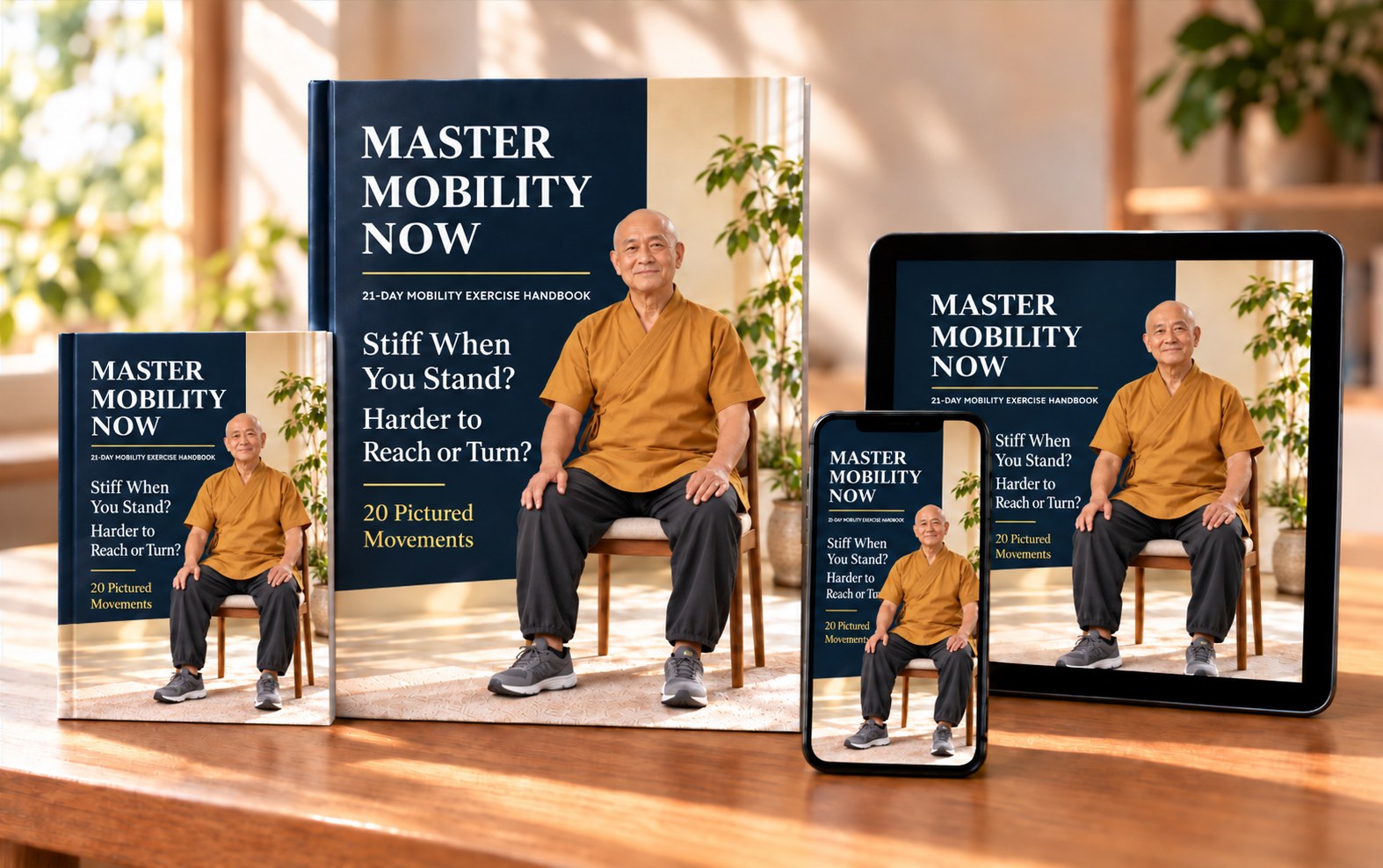 Matching Master Mobility Now guide covers on two book mockups, a tablet and a phone