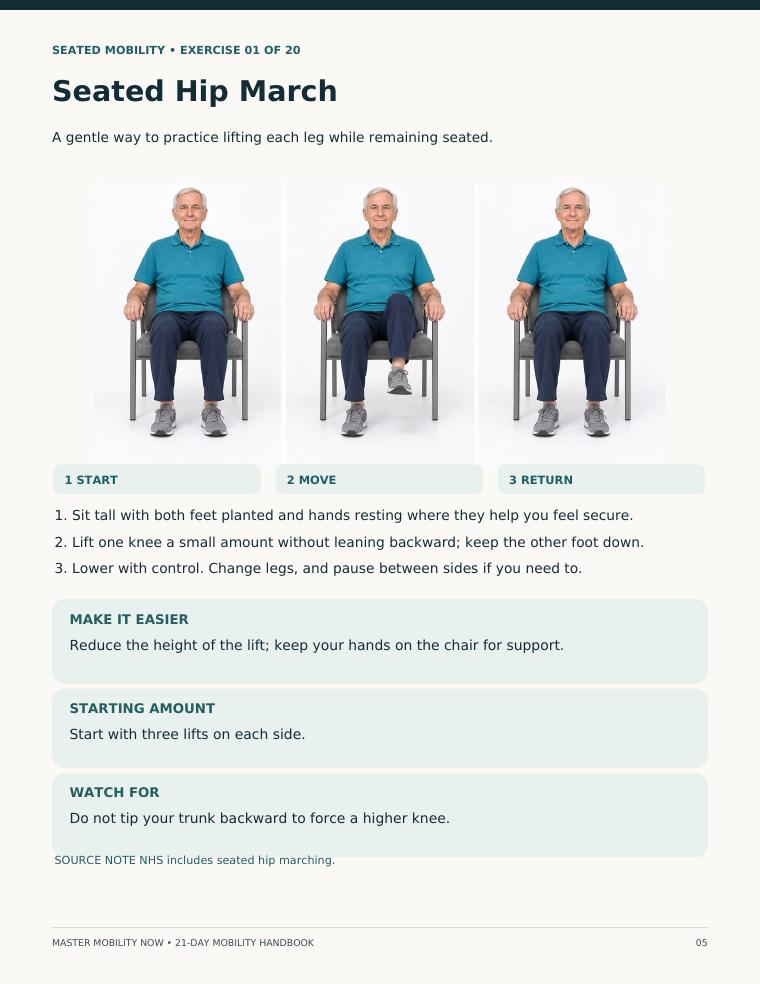 Sample page of the Seated Hip March exercise with three movement stages
